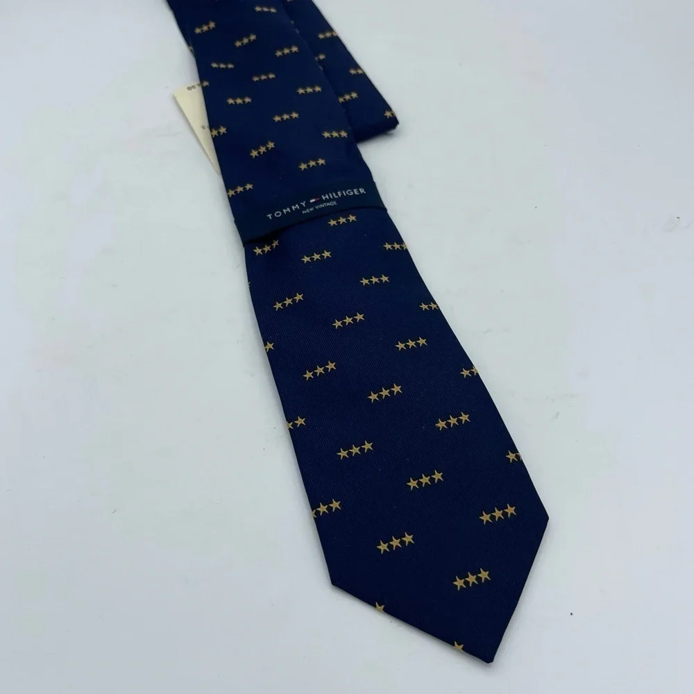 Tommy Hilfiger NWT Navy Blue Silk Men’s Tie Made In USA Gold Stars New Vintage